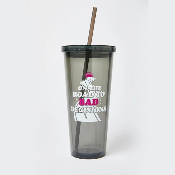 Femfetti ✦ Travel Tumbler ✦ Gray “On The Road To Bad Decisions” Cup + Straw NWT - Picture 1 of 2